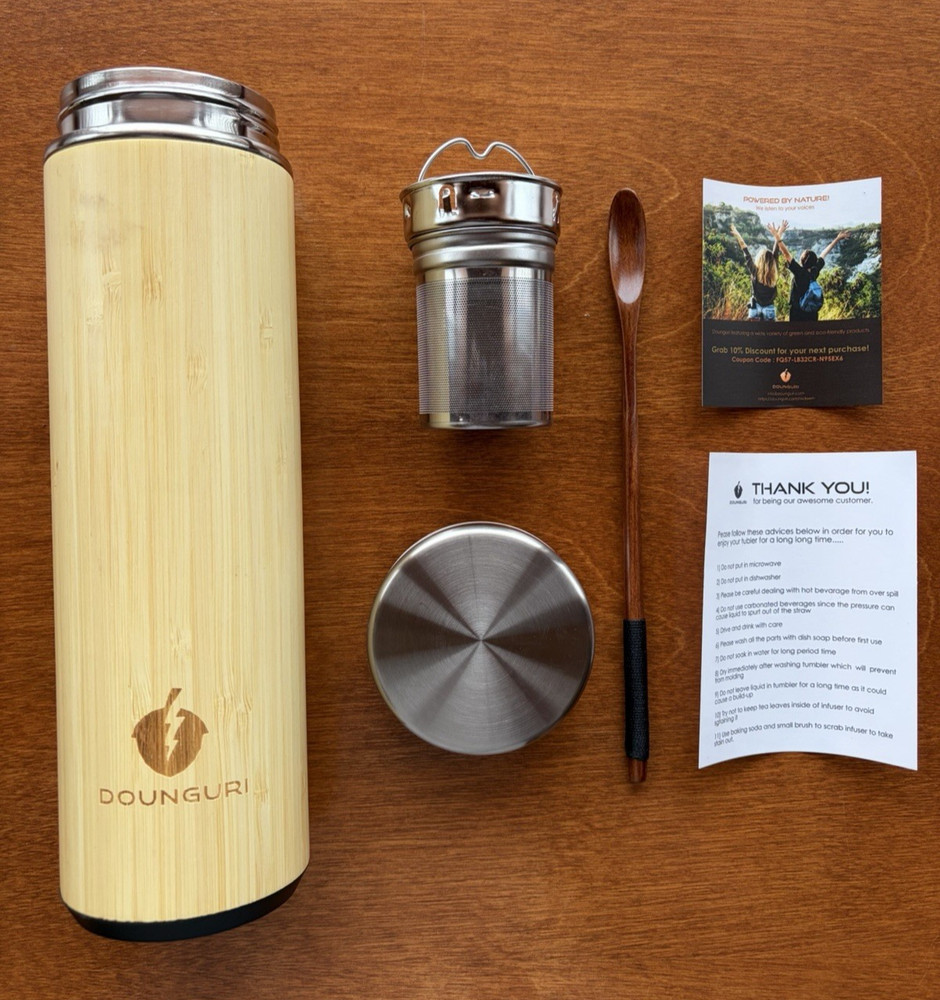 Dounguri Bamboo Tea Tumbler 18oz w/ Infuser Strainer Mug NEW
