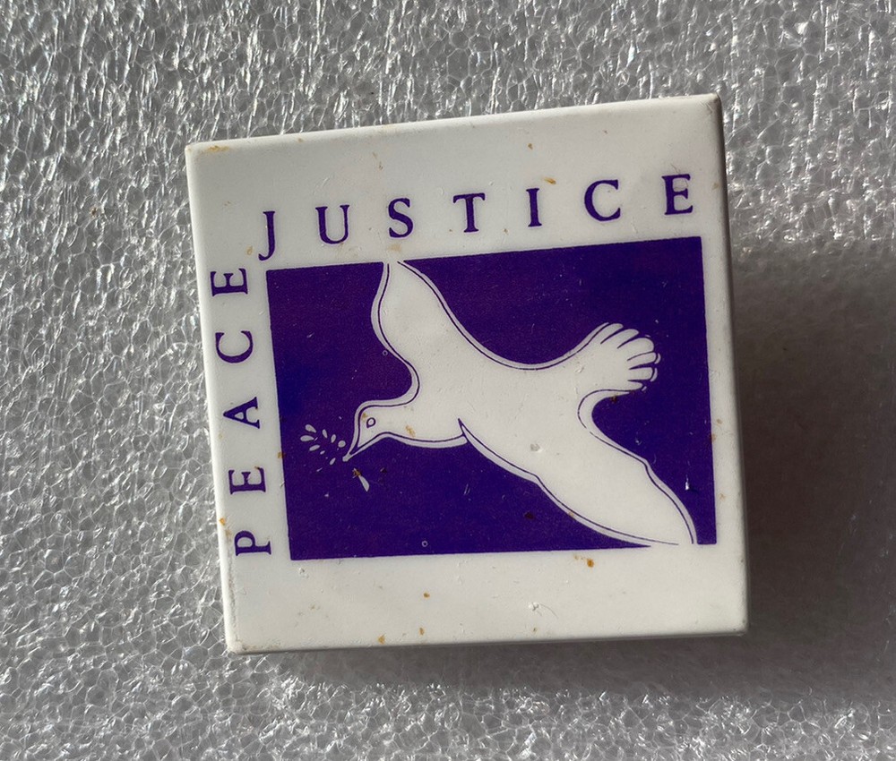 PEACE JUSTICE Dove Button Pinback 1985 Protest War Human Rights Square Pin 1.5"