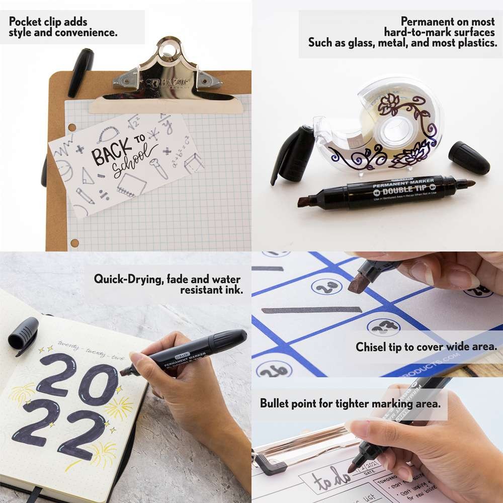 BAZIC Permanent Marker Dual Fine Tip Chisel Point Black Marker (2/Pack), 24-Pack