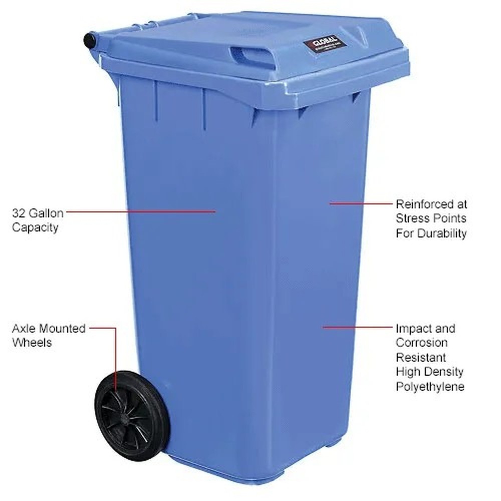 Global Industrial? Mobile Trash Container with Lid, 32 Gallon Blue
