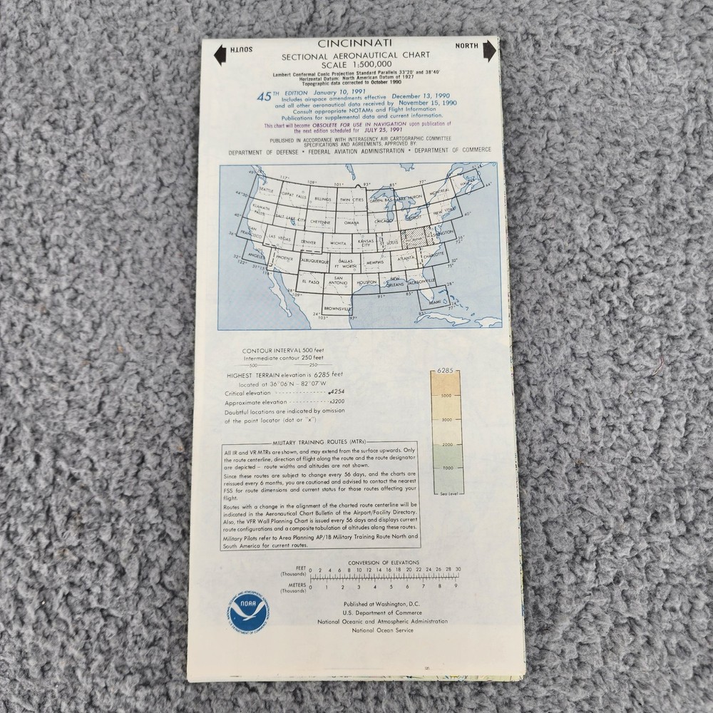 Vintage 1991 Cincinnati Sectional Aeronautical Aviation Chart  Map 45th Edition