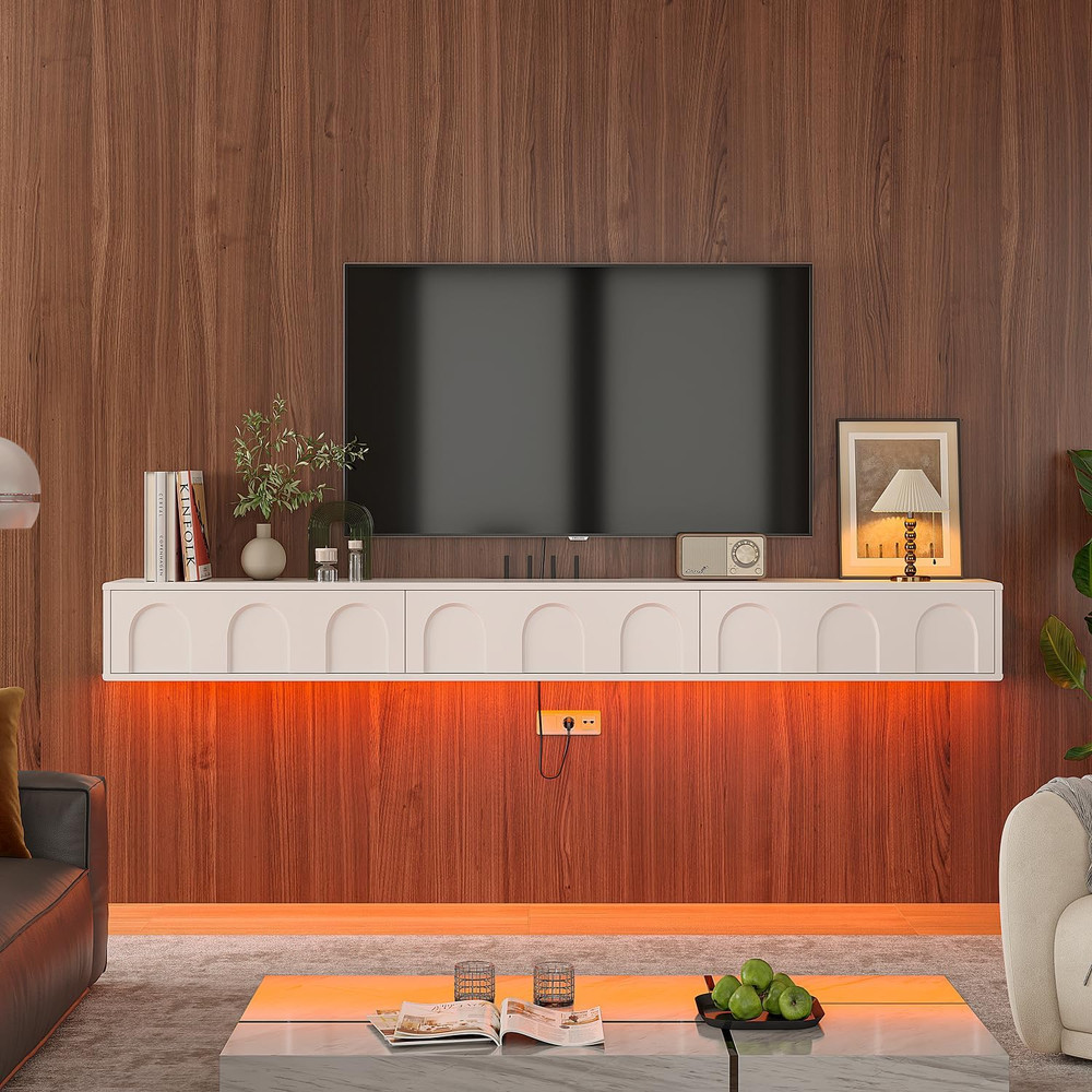 55'' Cream White Floating TV Stand - Fully Assembled Wall Console