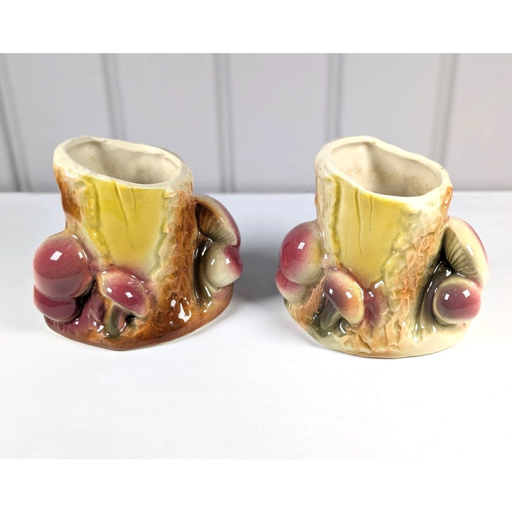 Vintage Pottery Mushroom Log Tree Stump Planters Vases Matching Pair