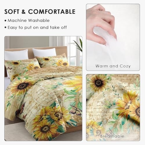Size Comforter Set with 2 Pillowcases, Flower Rustic King Rustic Sunflower