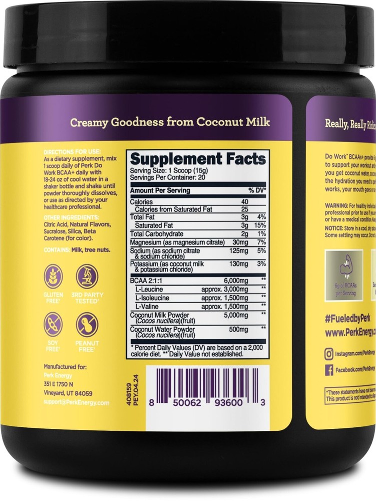 Perk Do Work BCAAs + Hydration Electrolytes Powder Lemon Tart Flavored 20 servs