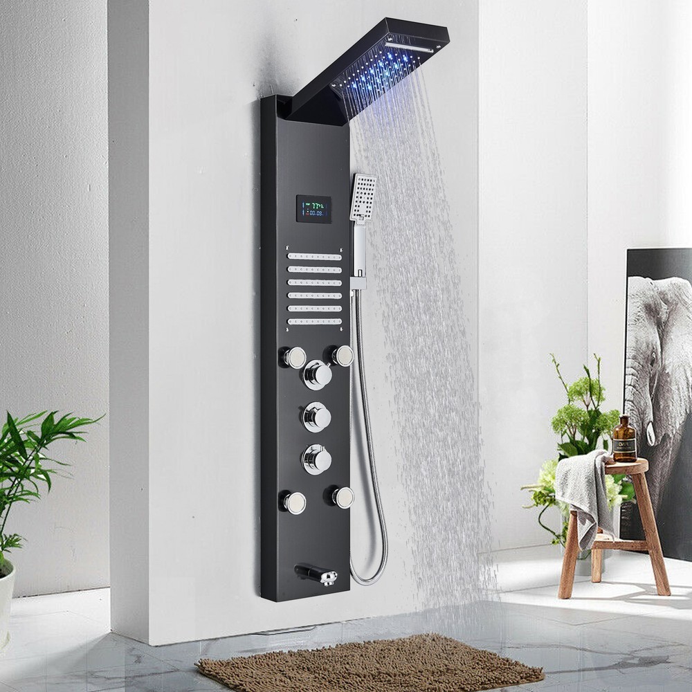 LED Rain&Waterfall Shower Panel Tower System Massage Jet With Hand Shower Black