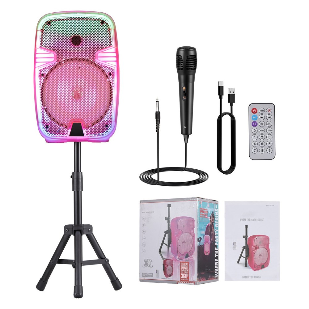 8" Wireless Bluetooth Party Speaker System TWS LED Lights Mic Stand Home Stereo