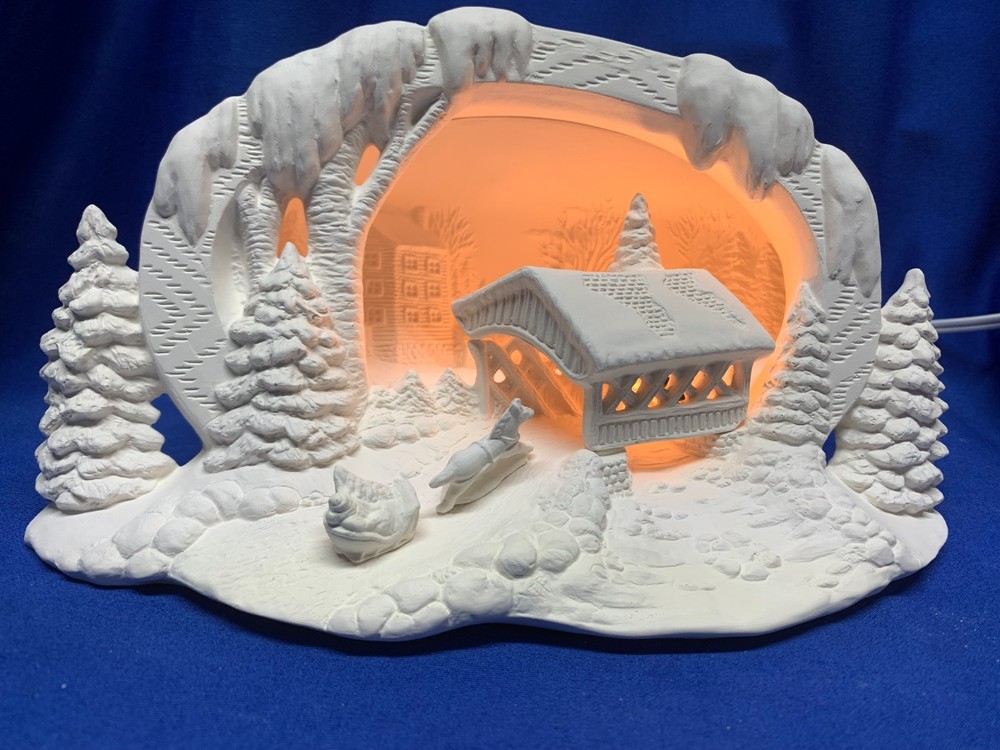 Covered Bridge Scene w/light kit ceramic bisque to paint