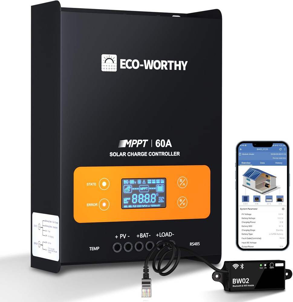 60A MPPT Solar Charge Controller Bluetooth, 12/24/36/48V Solar Panel Regulator f