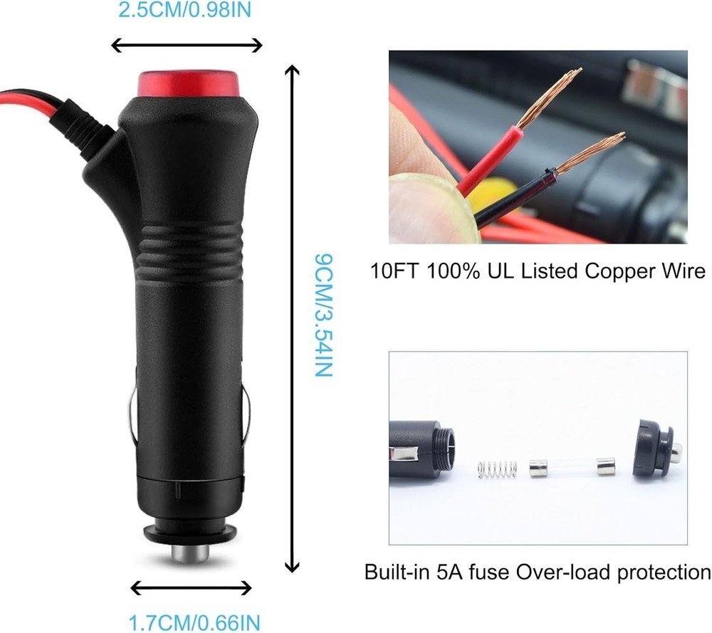 10FT 12V Male Cigarette Lighter Adapter - Convenient Switch & Indicator Light