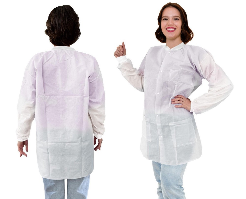 White Disposable Lab Coats SMS 40 GSM Snaps Front 100 Count Medium Size