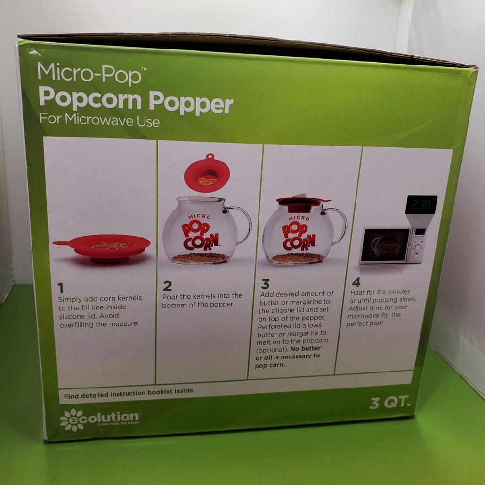 Popcorn Popper Ecolution Microwave Use Epoca EKPCM-0025 Glass 3 Quart Healthy