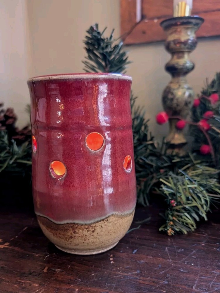Studio Art Handmade  Candle Votive Tea Light Holder Pottery Signed