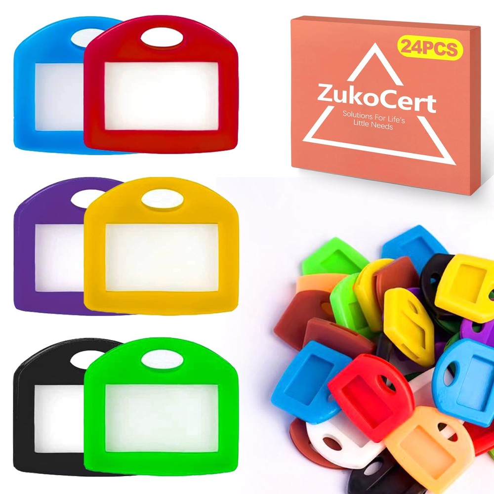 24-Pack Key Label Tags – Vibrant Plastic Key Tags with Writable Labels & Ring...