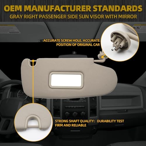 Gray Right Passenger Side Car Sun Visor W/Mirror Compatible with Dodge Ram