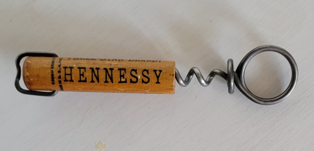 Antique HENNESSY THREE STAR BRANDY Finger Pull Corkscrew w/ Timber Coated Sheath