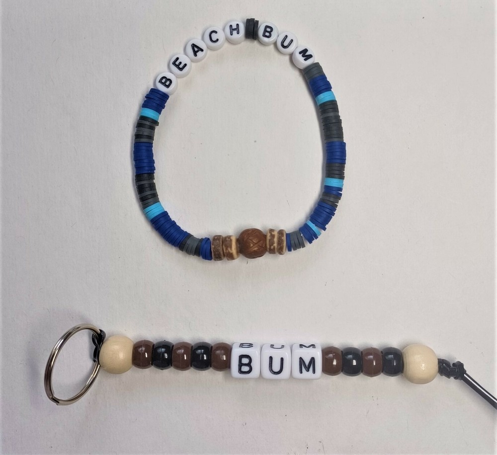 Whimsical Beach Bum Beaded Stretchy Bracelet and Matching Key Ring