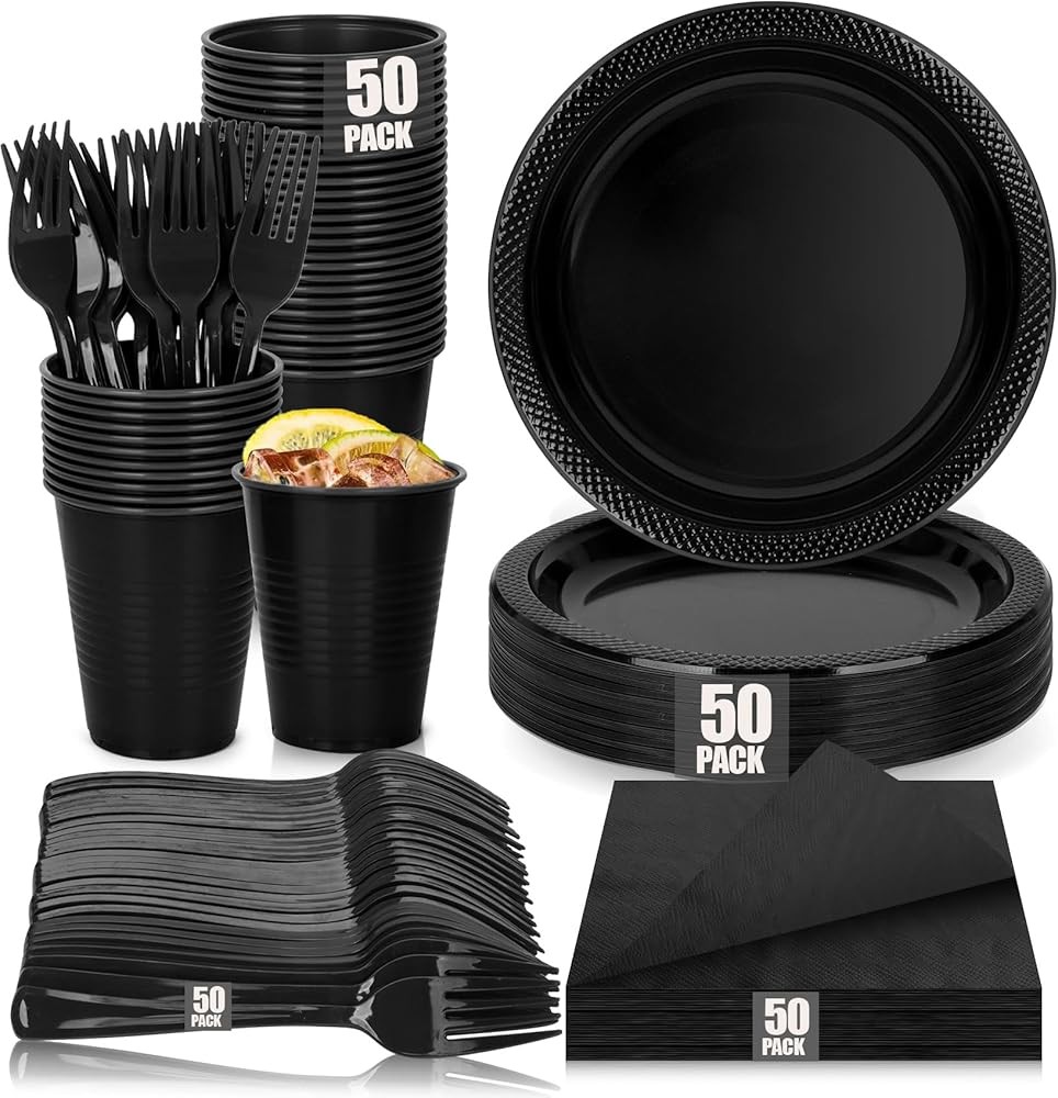 Bla Plastic Party Plates Set, Disposable Bla Plates and Napkins for