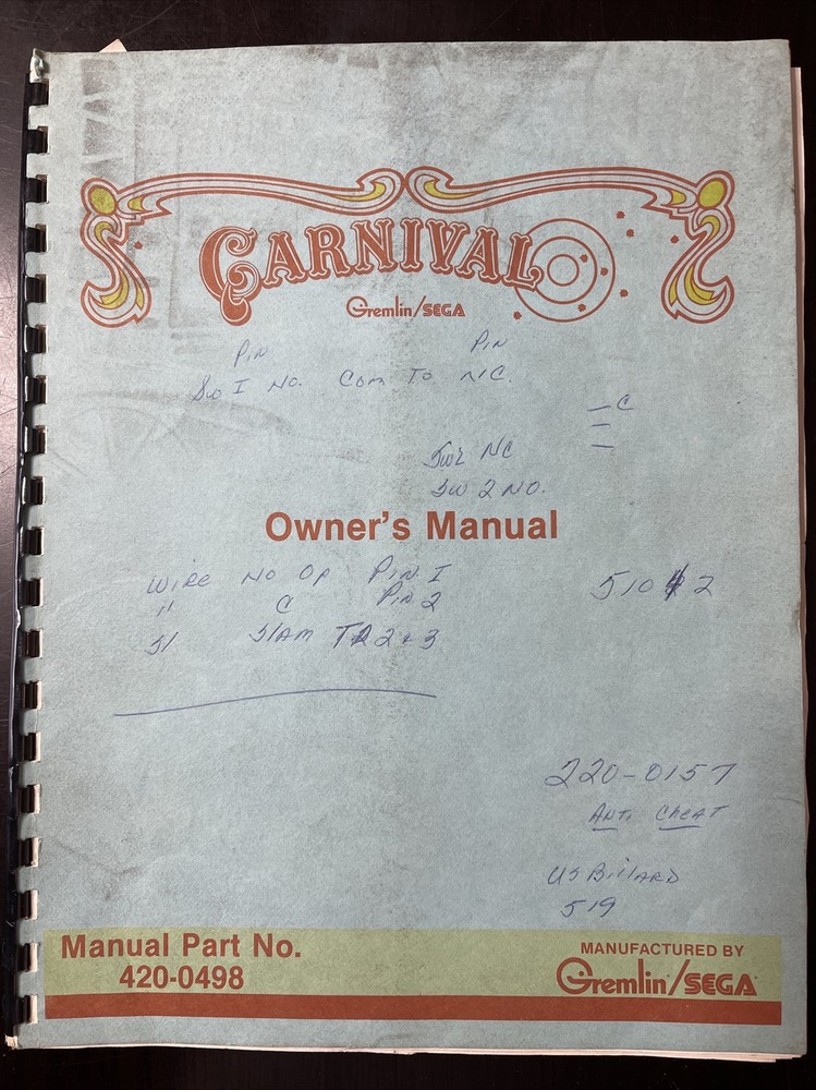 Sega’s Carnival Arcade Owner’s Manual Original