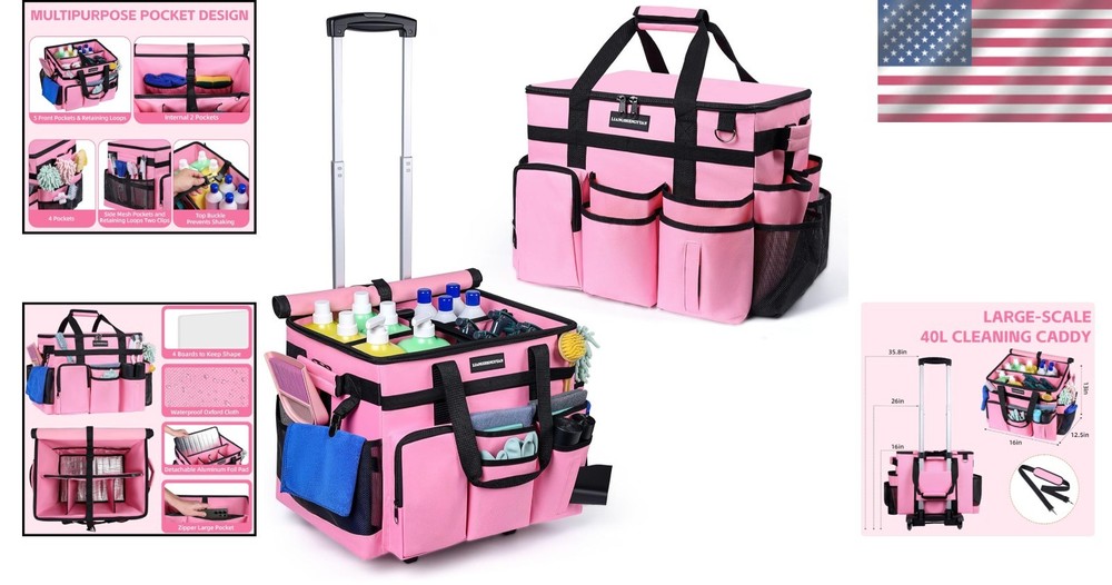 Versatile Pink Cleaning Caddy with Wheels - 17 Compartments & Detachable Trolley