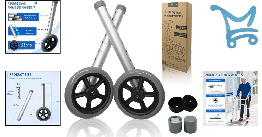 Walker Wheels Replacement 5 Inch Rubber Aluminum for Seniors Mobility