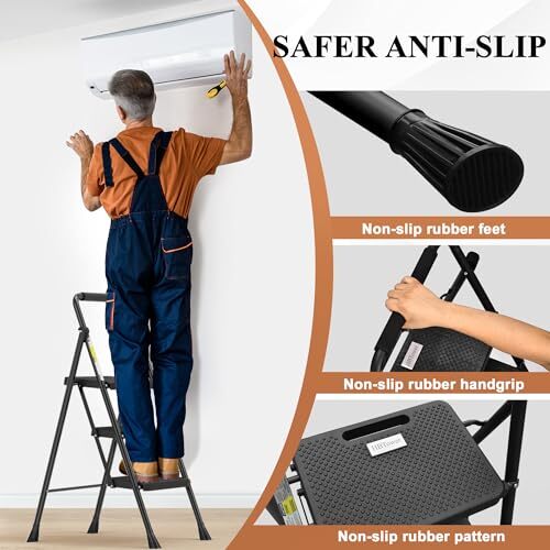 HBTOWER 3 STEP LADDER, FOLDING STEP STOOL, STURDY STEEL LADDER - BLACK