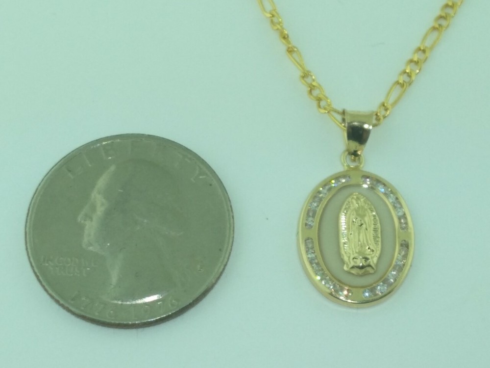 14K Solid Gold VIRGEN DE GUADALUPE Pendant with figaro Chain