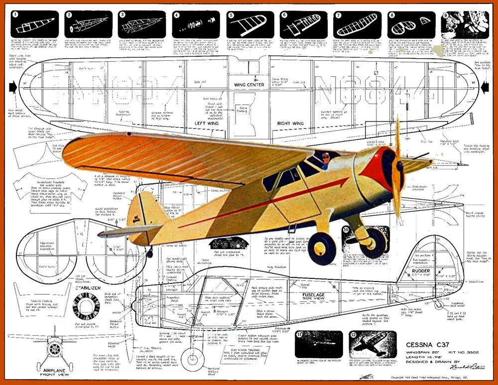 Comet Model Airplane Plans (FF): Cessna C-37 Scale 20" Scale Rubber-Powered