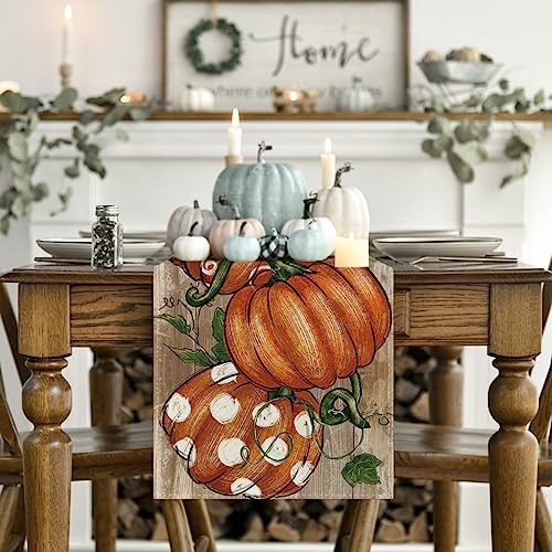 Polka Dot Pumpkins Vine Fall Table Runner, 13" x 72", Table Runner Wood
