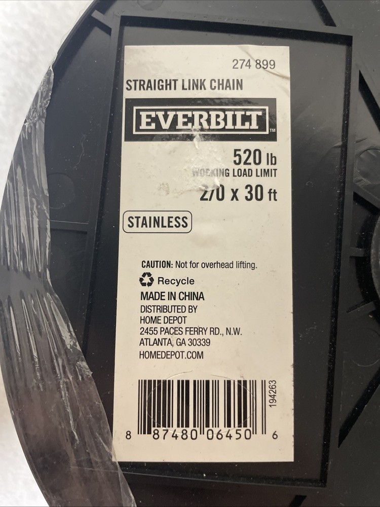 Everbilt Straight Link Chain 2/0 x 30 , 520lb working load limit