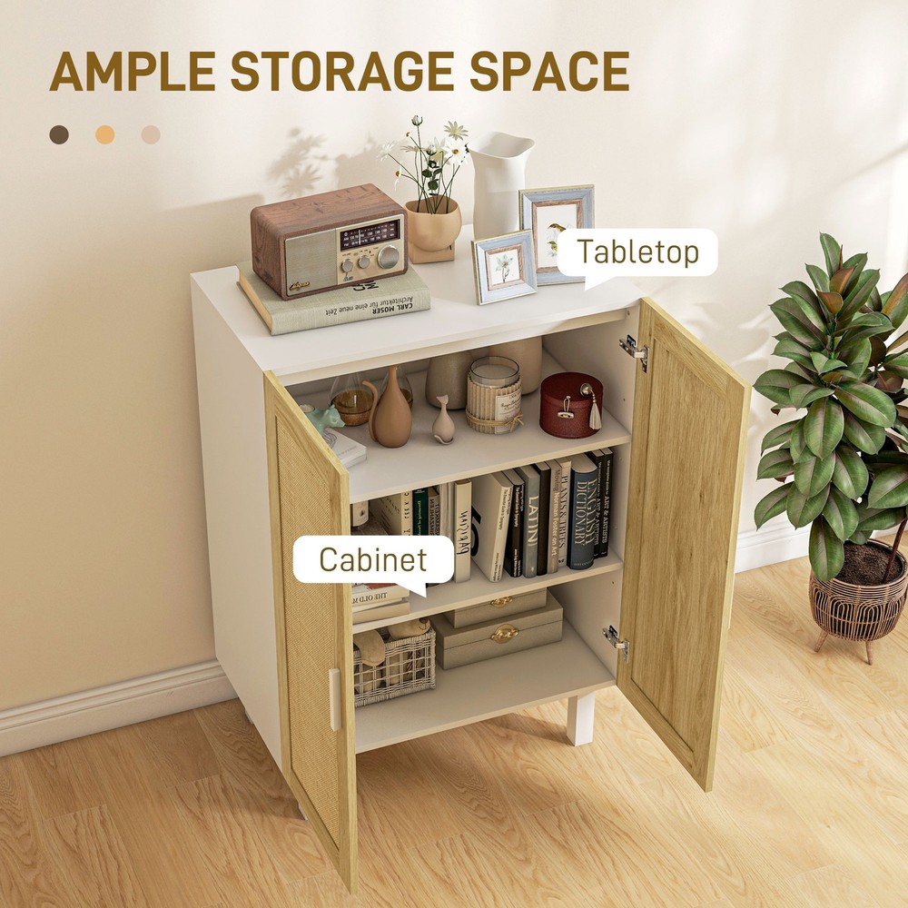 Kitchen Sideboard with 2 Rattan Doors & Adjustable Shelves, White