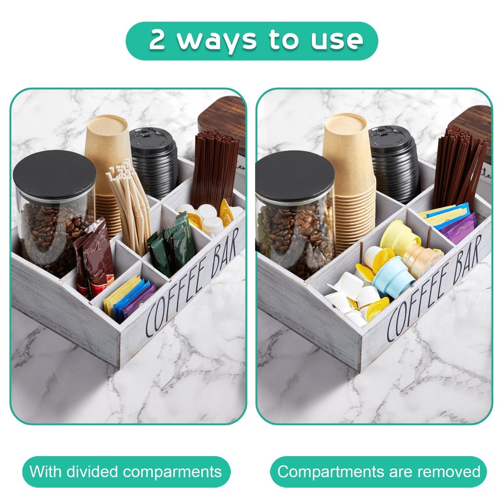 White Coffee Station Organizer Countertop 7 Compartment Rustic Bar Decor