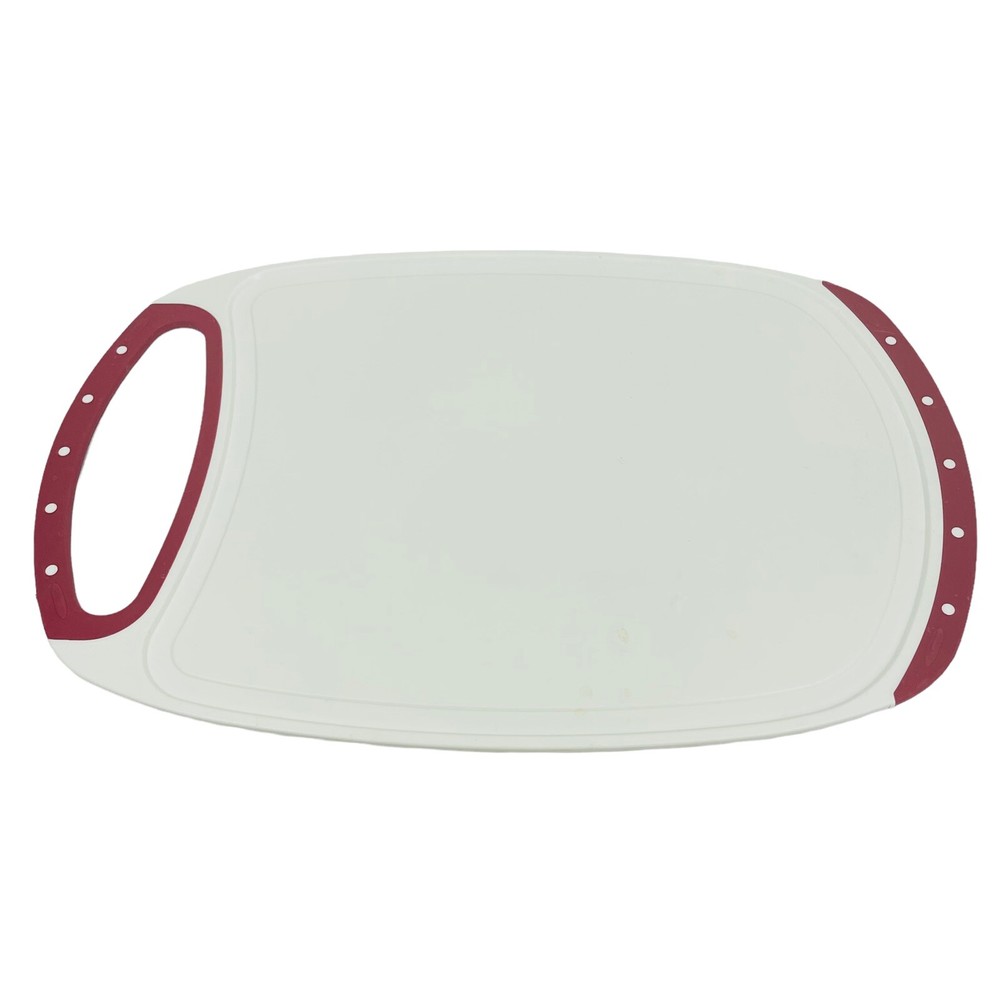 Reversible Plastic Cutting Board White with Red Trim Grip Handle 14” X 9”
