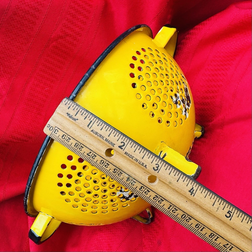 Vintage 9” Yellow & Black Enamelware Strainer Colander