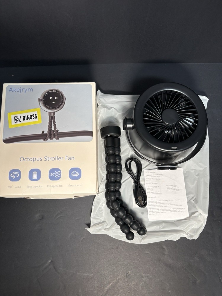NIB Octopus Stroller Fan Black 360° Wind 120-Speed Large Capacity Open Box