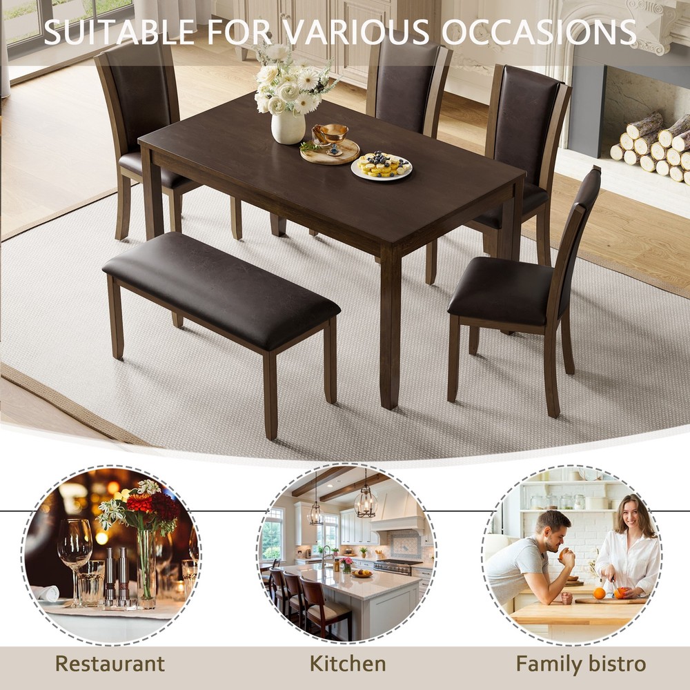 6-Piece Dining Table Set with Bench and Chairs, Wooden dining table set for 6