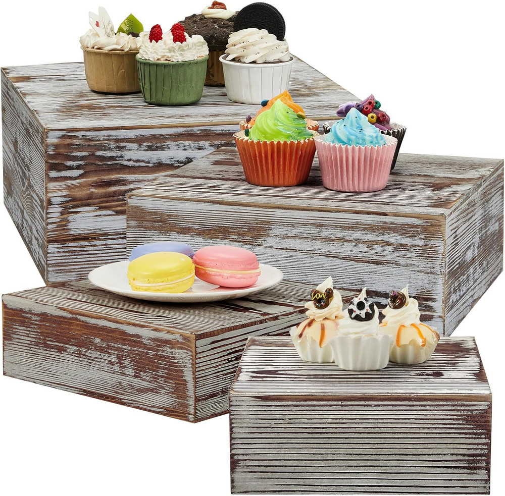 Set of 4 Wood Display Risers Rustic Cupcake Stand Wooden Stackable Display Box W