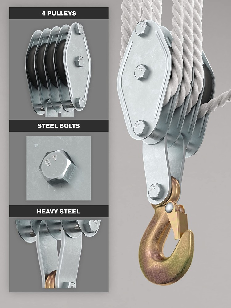 SoB Block and Tackle Pulley System for Lifting Objects - 4000LB Breaking Stre...