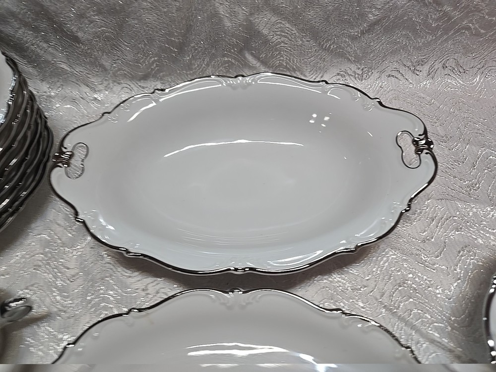 53 Pc Bavaria Tirschenreuth Silver Scroll Scalloped Dinnerware Set Pasco White