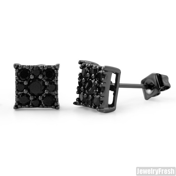 Black Small 7mm Square Cluster CZ Stud Earrings