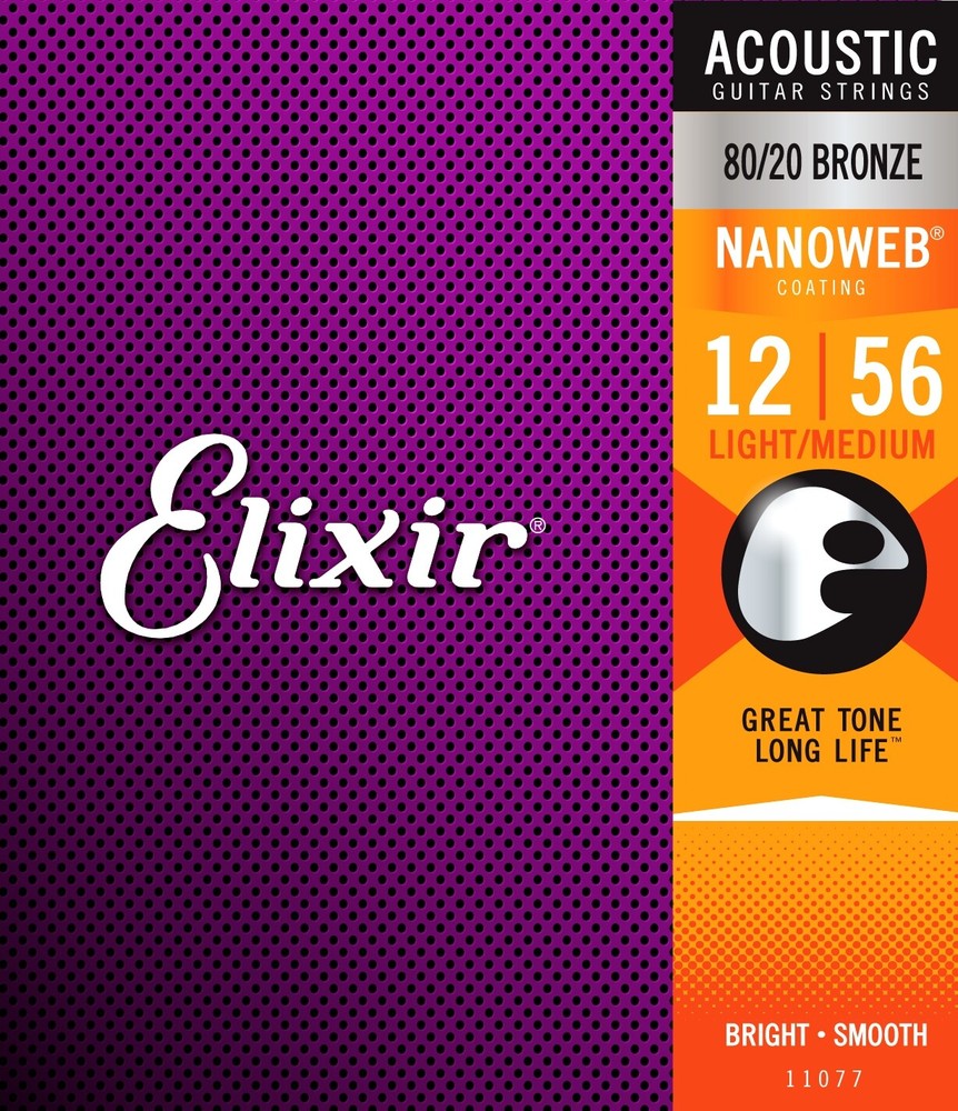 Elixir 11077 Nanoweb 80/20 Bronze Light Medium Acoustic Guitar Strings 12-56