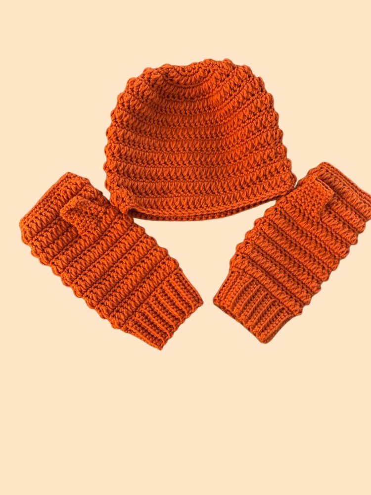 Crochet Burnt Organge Beanie with Matching wrist warmer