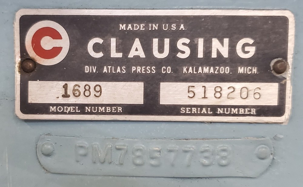 CLAUSING CORP 14" VARIABLE SPEED DRILL PRESS MODEL 1689 RPM 1725 208 VOLTS 3.2A