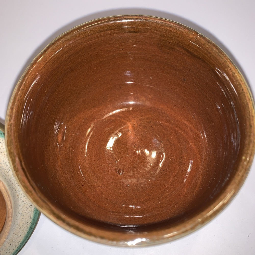 Vintage Hand Painted Redware Covered Bowl Jar Box Brass Accent Signed