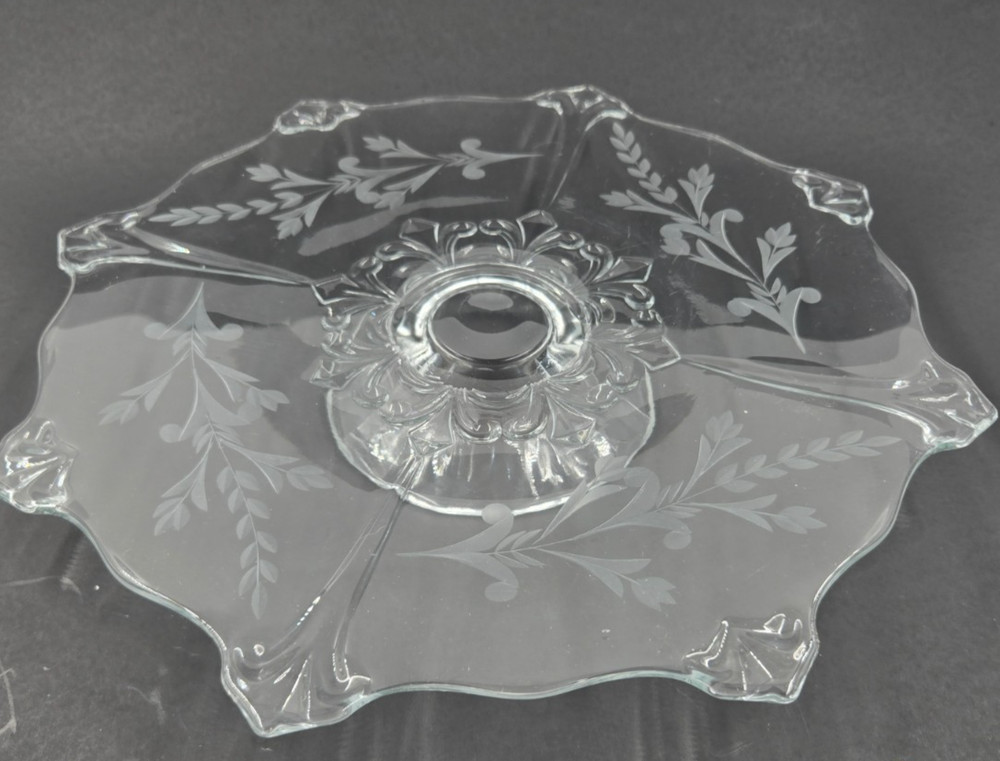 Lg Glass Pedestal Cake Stand Muffin Cookies Etched Pattern Footed