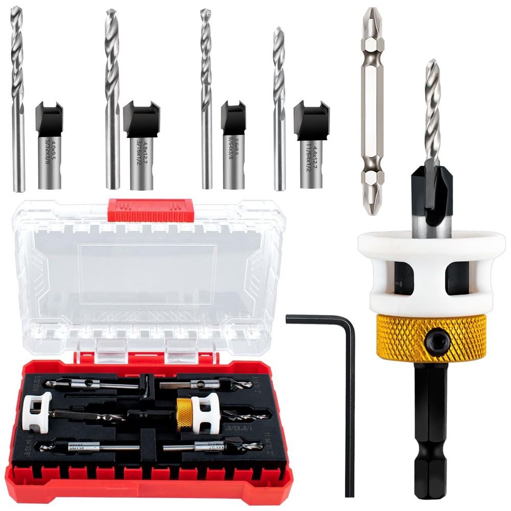 Carbide-Tipped Countersink Drill Bit Set with Depth Stop – 5pc Replaceable Bi...