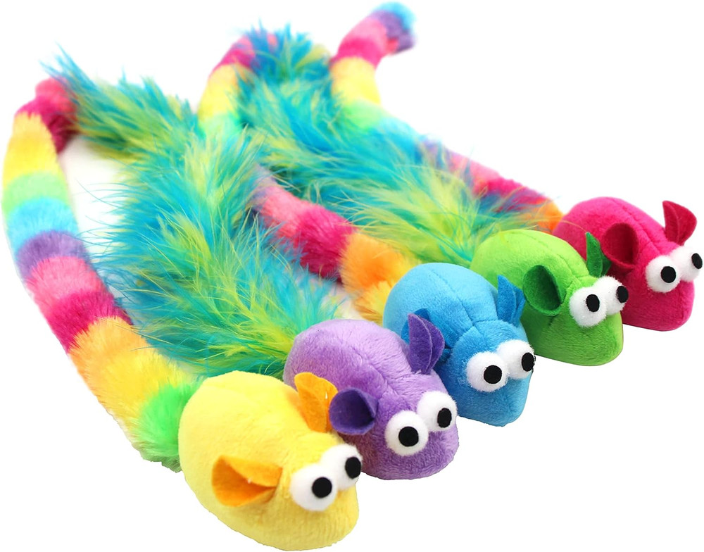 5 Pack Interactive Catnip and Feather Cat Toys, Multi-Colored Mice with Long Fea