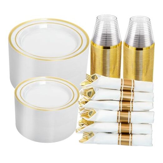 350PCS Plastic Dinnerware Set for 50 Guests, Include: 50 Dinner Plates, Gold