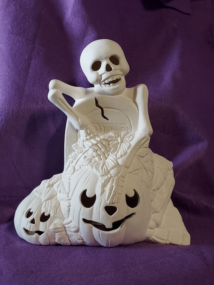 Ceramic Bisque ~ Ready to paint~ Skeleton, gravestone and Pumpkins & light kit