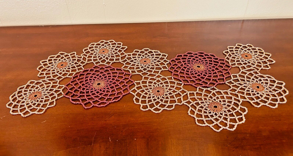 HANDMADE EARTH COLORS CROCHET BEADED DOILY 21"/12"